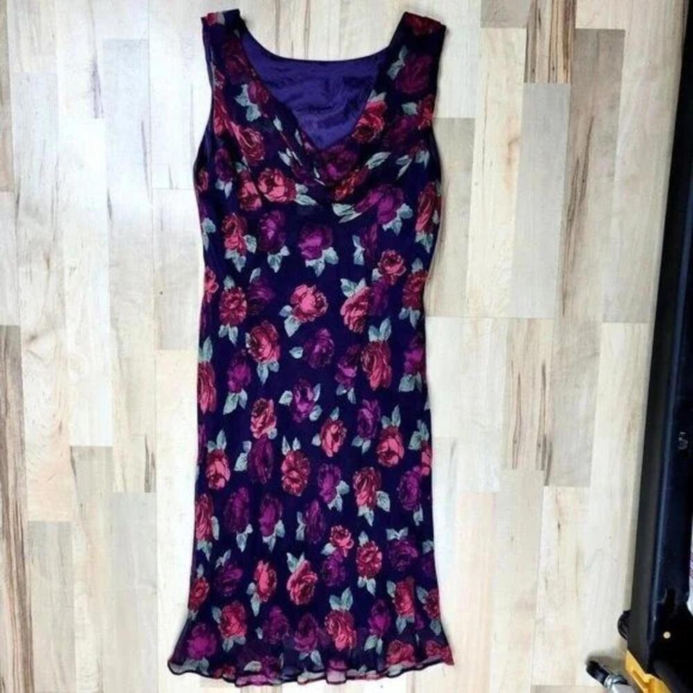 Robbie Bee 100% Silk Floral Cowl Neck Dress Navy Purple Rose Print Size 10‎